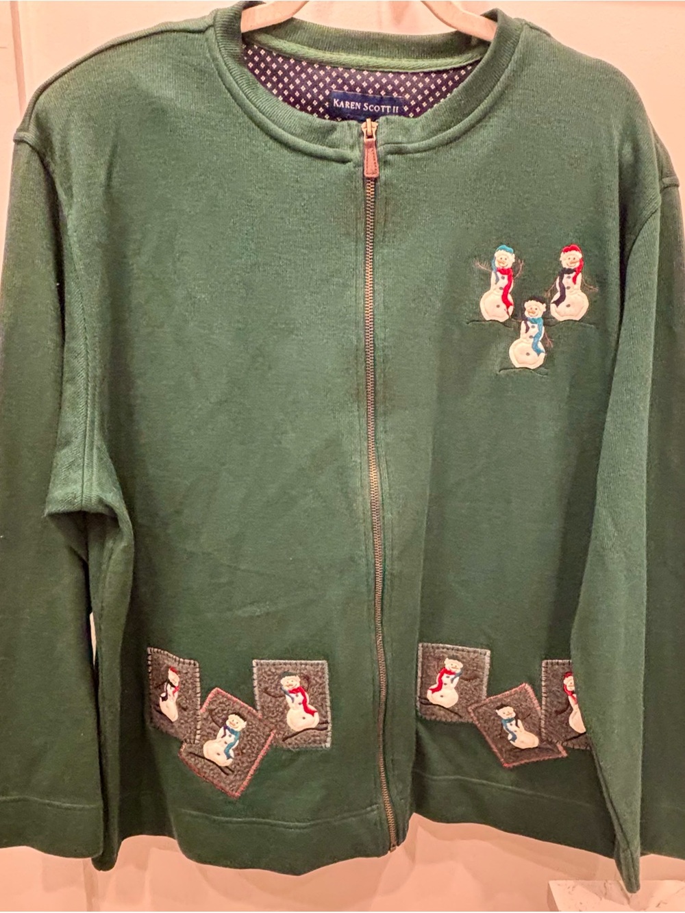 Vintage Karen Scott Green Zip-Up Sweatshirt with Snowman Appliqués 2X NWT